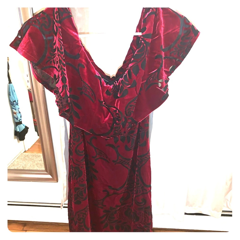 Red and black off the shoulder suede mini dress